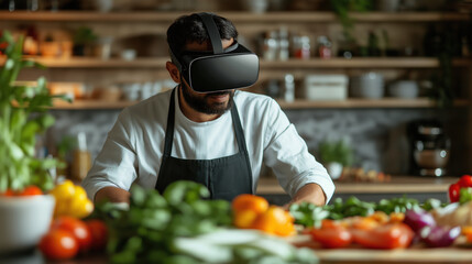 Indian man using VR headset while cooking in modern kitchen with fresh vegetables