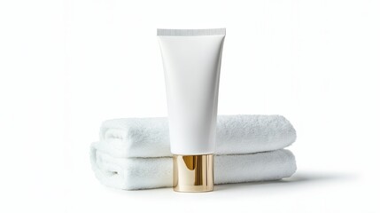 Naklejka premium Clean Skincare Tube and Towels - Spa, hygiene, purity, freshness, wellness. Soft towels and a clean skincare tube symbolize a relaxing and rejuvenating experience.