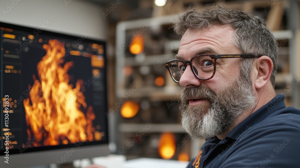 Poster Man working on computer fire animation design software