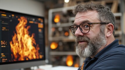 Man working on computer fire animation design software
