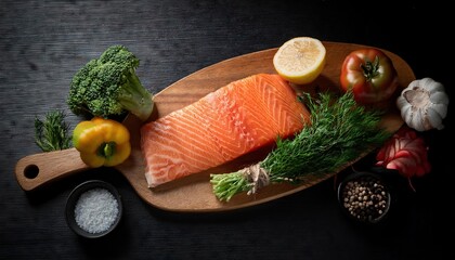 Fresh salmon fillet with assorted vegetables and herbs on a wooden board