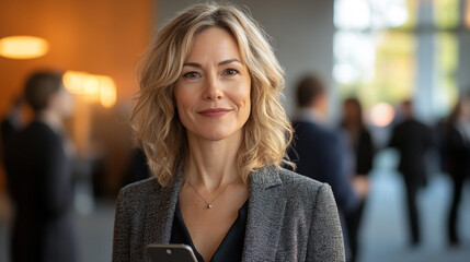 Fototapeta premium Ai generate insights confident businesswoman engaging at enhancedsr event in modern office environment