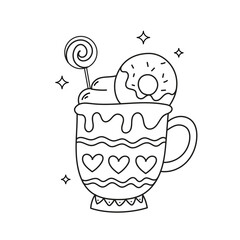 New Year s Christmas drink in a mug coloring book.Vector illustration