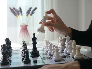 Businesswoman with chessboard for business strategy, leadership or strategic planning, business...