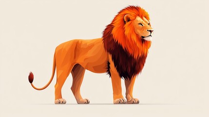 A flat, 2D vector illustration of a lion standing in profile, minimalist design, bold clean lines, on a white backgroundLion enjoying nature at sunset in a cute cartoon style