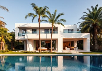 Fototapeta premium Exterior of amazing modern minimalist cubic villa with large swimming pool among palm trees