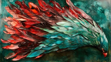Obraz premium Close-up of a turaco feather, blending shades of bright green and red with a velvety texture