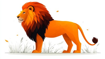A flat, 2D vector illustration of a lion standing in profile, minimalist design, bold clean lines, on a white backgroundLion enjoying nature at sunset in a cute cartoon style
