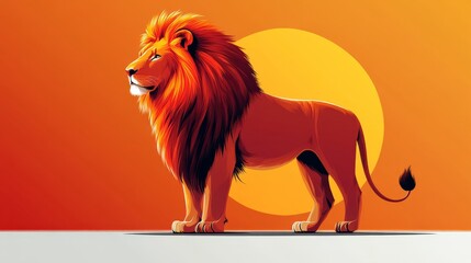 A flat, 2D vector illustration of a lion standing in profile, minimalist design, bold clean lines, on a white backgroundLion enjoying nature at sunset in a cute cartoon style