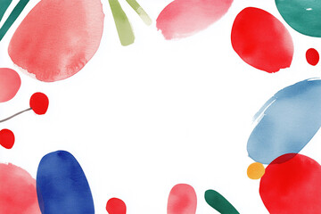 Minimalistic watercolor frame in a childlike style with red, blue, and green abstract shapes on a white background. Perfect for kids’ art, creative projects, or invitations, featuring a large copy spa