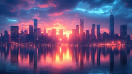Fototapeta premium Vibrant sunset cityscape reflected in calm water. (1)