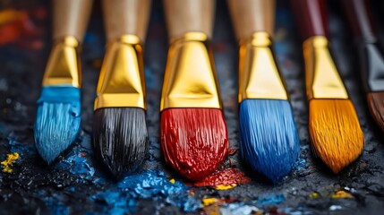 Fototapeta premium A row of paintbrushes with different colors on a table