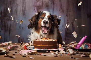 A humorous 4K wallpaper, playful and messy dog enthusiastically devouring a birthday cake.