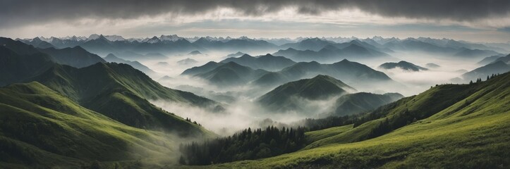 Fototapeta premium Majestic mountain landscape with rolling hills and misty valleys