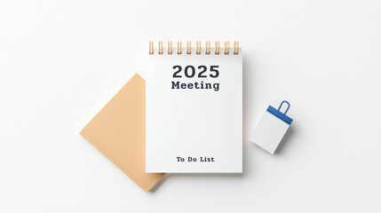 To do list 2025 meetings concept. Notepad and planner for a 2025 meeting with a to-do list.