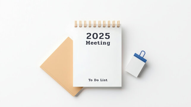 To do list 2025 meetings concept. Notepad and planner for a 2025 meeting with a to-do list.