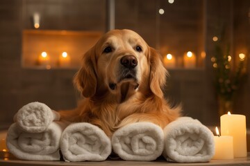 Golden retriever in a cozy spa setting, surrounded by rolled white towels, warm candlelight ambiance
