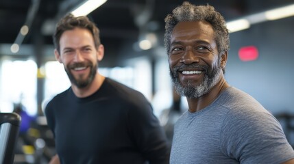 Naklejka premium Two men share joyful moment at gym, their camaraderie and commitment to fitness Their smiles and relaxed demeanor highlight importance of friendship in healthy lifestyle