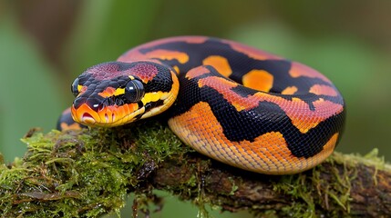 Obraz premium Vibrant orange and black snake coiled on mossy branch.