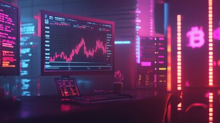 Profit visualization with glowing digital currency rising above a financial dashboard
