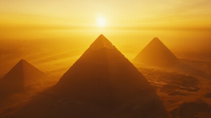 Pyramids of Giza during sunrise, with golden light highlighting their grand symmetry