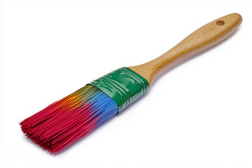Perfectly Isolated Paintbrush with Colorful Bristles and Wooden Handle in Transparent PNG Format.