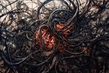 Dark, tangled webs of gray and black lines with bursts of crimson, illustrating inner turmoil
