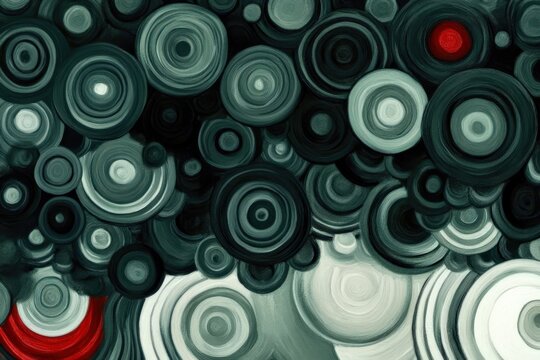 Dense, overlapping circles of black and gray with harsh red highlights, depicting emotional overwhelm