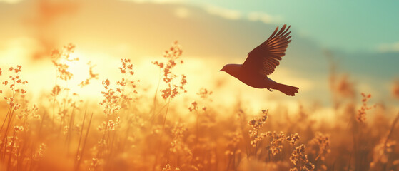 Fototapeta premium Bird in Flight at Sunset.
