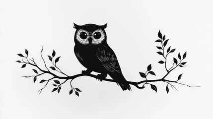 A flat, black and white 2D vector of an owl perched on a branch, minimalist and clean lines, white background