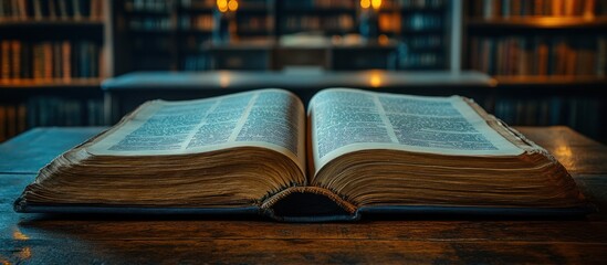 Obraz premium Open antique book on wooden table in library.