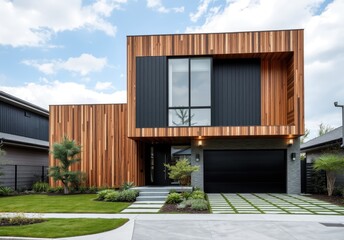 Naklejka premium Modern luxury minimalist cubic house, villa with wooden cladding and black panel walls and landscaping design front yard. Residential architecture exterior