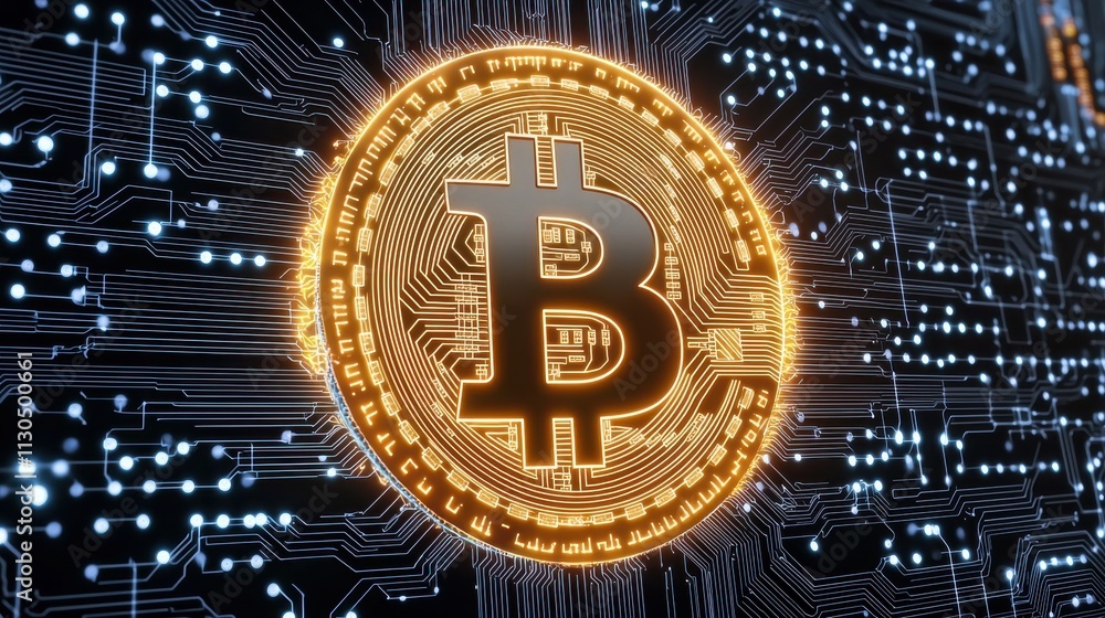 Poster a glowing bitcoin symbol against a digital network backdrop, representing cryptocurrency and blockch