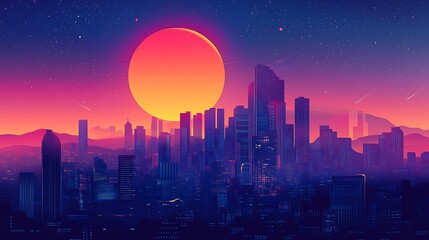 Fototapeta premium Neon Cityscape at Sunset with a Large, Vibrant Sun