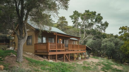 Country farm house in a grassy field near moorland