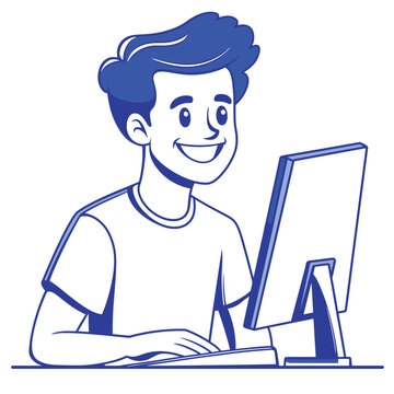 recommend clip art: Smiling individual using a computer, white background.