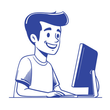 recommend clip art: Smiling individual using a computer, white background.