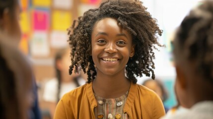 Horizontal portrait of a cheerful teacher posing proudly with students in a lively classroom setting.