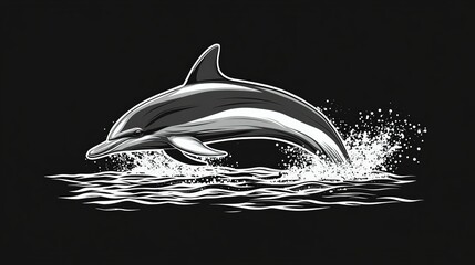 A flat vector-style dolphin jumping out of the water, minimalist black and white design, white background