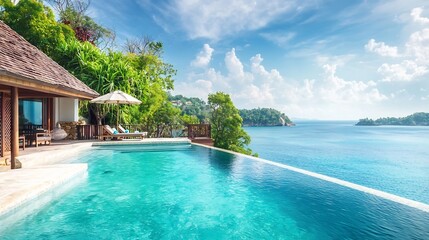 Obraz premium Luxurious Poolside Oasis in the Secluded Ocean Resort Offering Peaceful Solitude and Tranquil Escape Exclusive and private island getaway with stunning views of the open sea and serene