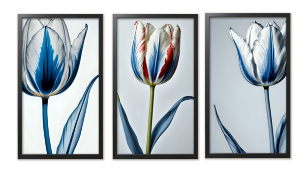 set of three vertical poster ,Minimalist flower blue, red and white tulip,   Line Art, surrealism. 300dpi