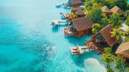 Obraz premium Tranquil and Remote Overwater Bungalow Resort in the Middle of a Serene Blue Sea Offering a Luxurious Escape from the World