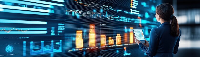 Fototapeta premium A woman analyzes digital data visualizations on a futuristic screen, showcasing graphs and statistics in a high-tech environment.