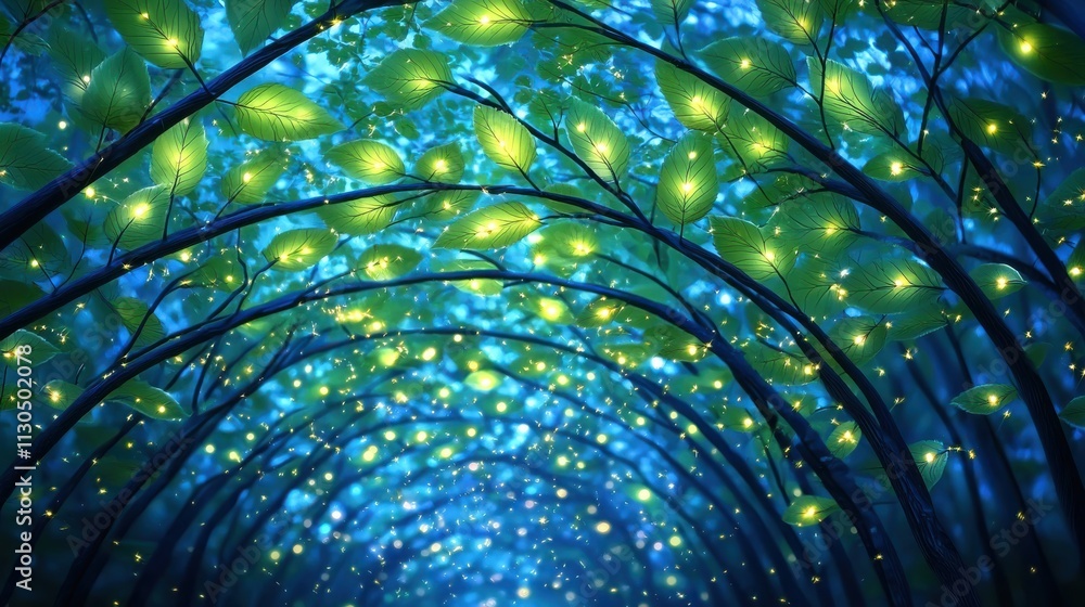 Poster a serene, luminescent forest path illuminated by glowing leaves, creating a magical and tranquil atm