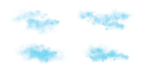Obraz premium Set of realistic blue clouds. Fog and smoke isolated on transparent background. Cloud, nature sky. Weather element or drawing. Cloud texture, smoke wave, fog nature. Fluffy smoke.