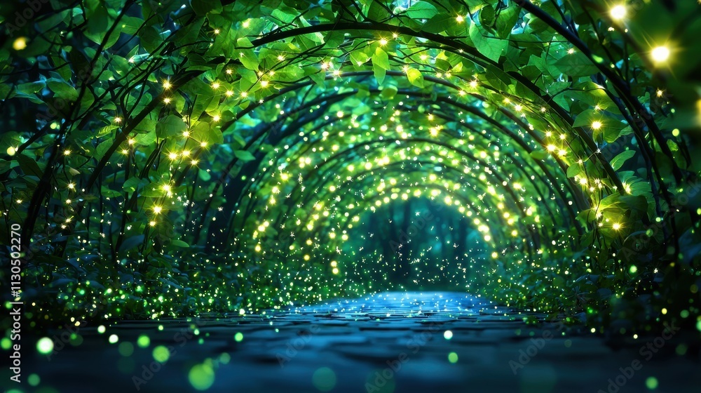 Poster a magical, illuminated tunnel of green foliage and shimmering lights, creating a serene and enchanti
