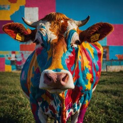 A pop-art cow with bold colors and comic book patterns.