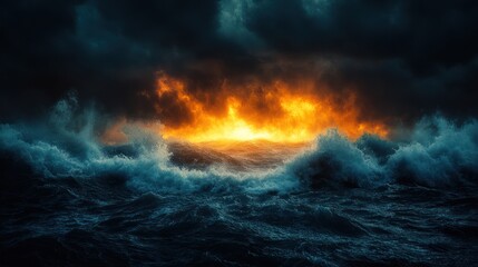 Fototapeta premium Fiery sunset over stormy ocean waves.