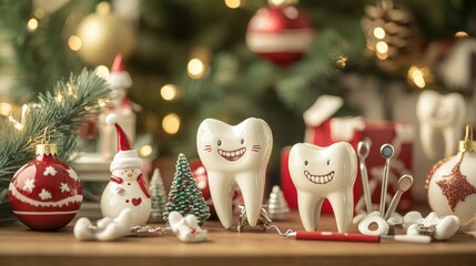 Tooth figurines and dental tool for christmas and new year 2024, top view. holiday medical concept