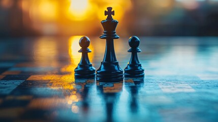 Chess pieces silhouette contrasts with a blurred political map, representing the intersection of strategy and global politics.